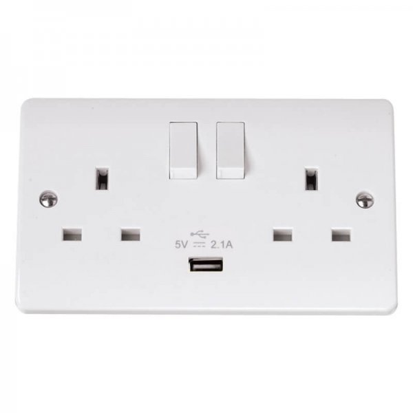 Scolmore Click Mode 13A 2 Gang Switched Socket With 2.1A USB Outlet (Twin Earth)