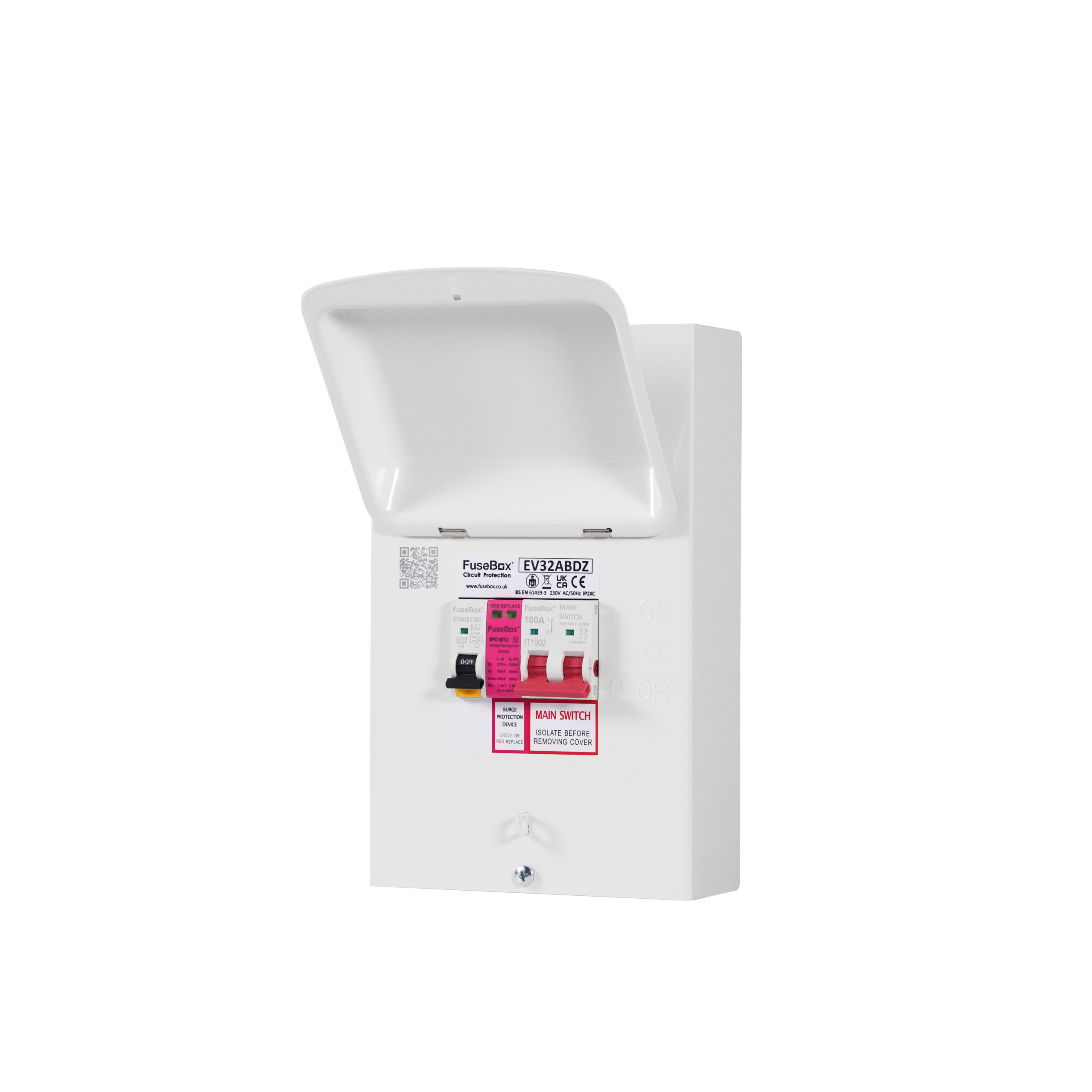 FuseBox EV Charger Distribution Unit With T2 SPD - 100A Main Switch - 32A Bi-Directional RCBO Type A EV32ABDZ