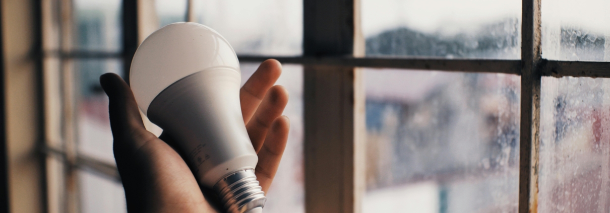 A person holding an energy efficient light bulb in front of a window