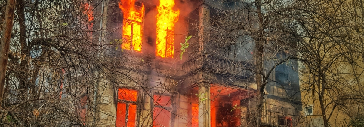 A fire burning in a house behind some trees